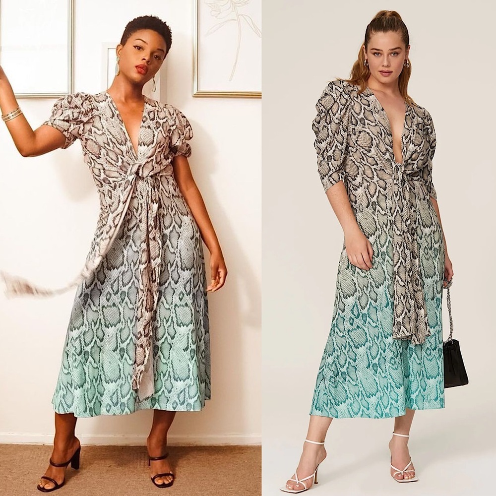 AFRM Teal Ombre Colorblock Snake‎ Print Puff Sleeve Tie Plunge V-Neck Dress XS